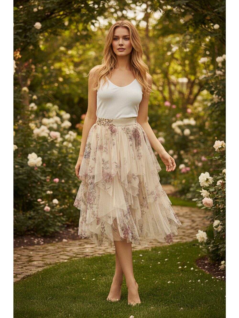Origami Ivory Mesh Layered Floral Skirt Small